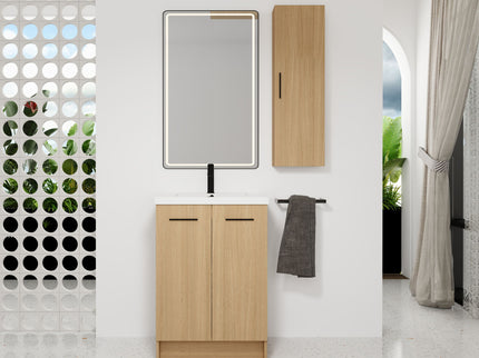 Freestanding Bathroom Vanity Set With Tall Linen Cabinet, Single Sink, Extra Storage, Soft Close Doors - Glossy White / Light Oak