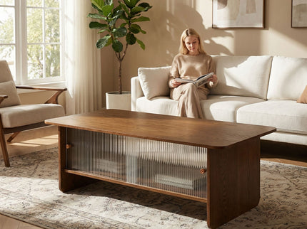 Rectangular Coffee Table With Sliding Door Storage Center