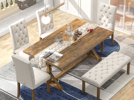 6 Piece Dining Table Set With Rectangular Wood Table, 4 Upholstered Chairs, Bench