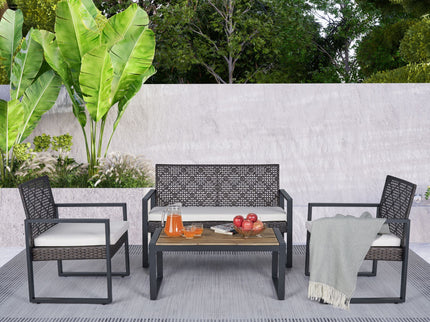 4 Piece Patio Furniture Set With Acacia Wood Table Top And Cushions
