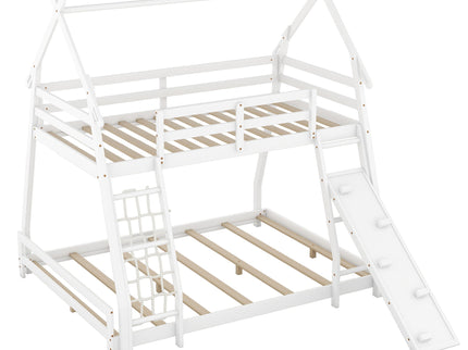 Twin Over Queen House Bunk Bed With Climbing Nets And Climbing Ramp