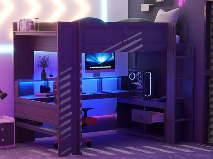 Gaming Loft Bed With Desk, Multi Storage Shelves, LED And Charging Station