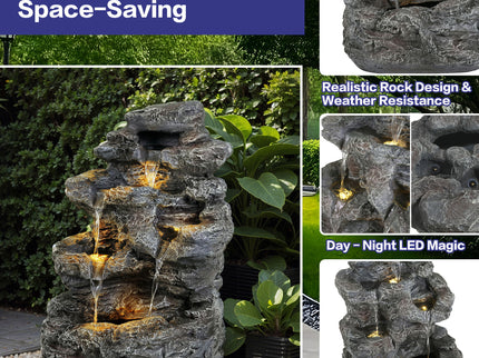 Concrete Rock Waterfall Fountain With LED Lights, Outdoor Garden Decor