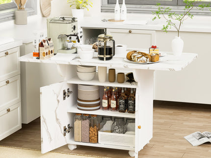 Versatile Marble Folding Dining Table With Storage Rack And Cabinet, 6 Wheels - White