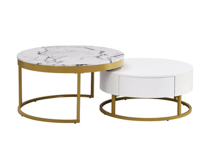 Round Nesting Coffee Table With Drawers - Golden / White