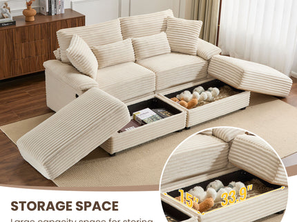 Double Chaise Lounge Set With Reversible Storage Ottomans, USB Port