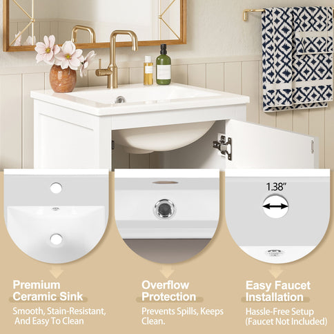 Bathroom Vanity With Ceramic Sink, Soft Close Drawers, Door Organizer, Divider Drawer, Adjustable Foot Pads