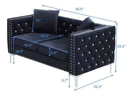 Wide Sofa With Jeweled Buttons Square Arm, 2 Pillows
