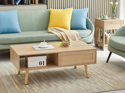 41.34" Rattan Coffee Table, Sliding Door For Storage, Solid Wood Legs, Modern Table For Living Room