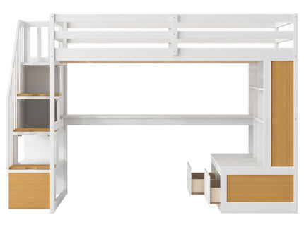Full Size Loft Bed With Desk And Shelves, 2 Built In Drawers, Storage Staircase - Natural / White