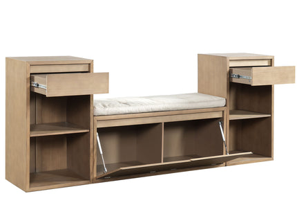 Entryway Storage Bench With Cushion, Drawers & Open Shelves