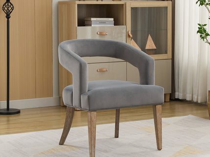 Wide Modern Barrel Open Back Upholstered Accent Chair With Weathered Solid Wood Legs