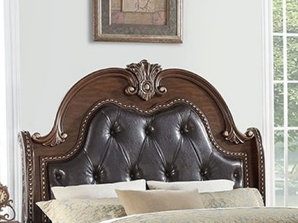 Bed & Carved Padded And Button Tufted Headboard