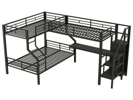 Twin Over Full L Shaped Bunk & Loft Bed With Built-In Wardrobe, Desk, And USB Ports - Black