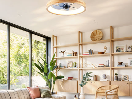 Ceiling Fans With Lights And Remote, 3000 - 6500K Dimmable Flush Mount LED Fan Light, 6 Speeds, Quiet DC Motor For Living Room - Matte White / Natural Wood