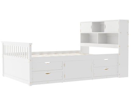 Captain Platform Bed Frame With Bookcase Headboard, 4 Drawers, Storage Shelves