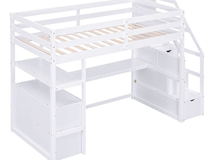 Loft Bed With Desk, Shelves, 2 Drawers, Storage Staircase