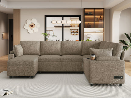 U-Shaped Sectional Sofa Bed With Storage, Charging Ports, And Cup Holders - Brown