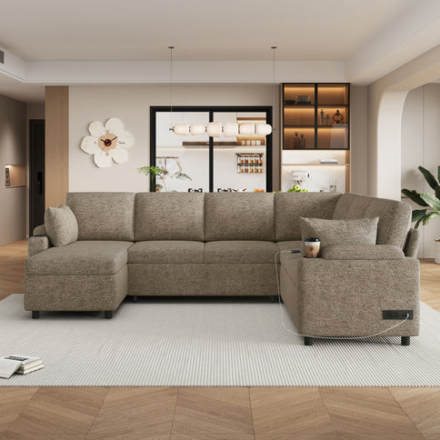 U-Shaped Sectional Sofa Bed With Storage, Charging Ports, And Cup Holders - Brown