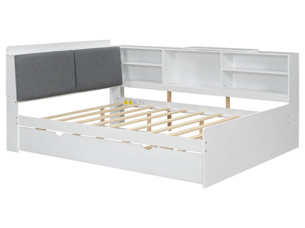 Platform Bed With Trundle, Shelves, And Storage Headboard