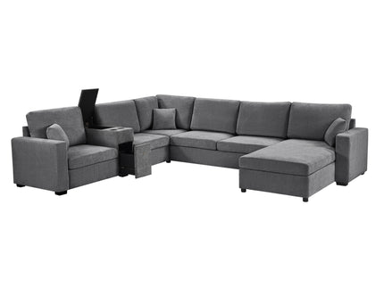 Modular 5 Seat U-Shape Sectional Sofa With Chaise Lounge, Built In Cup Holders And Storage Drawer