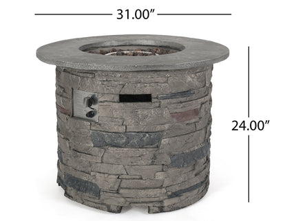 Transitional Outdoor 32" Round Propane Fire Pit Table, Lightweight Concrete Construction - Stone Gray