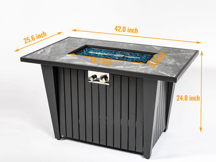 Morden Steel Fire Pit Table With Marble Tile Tabletop, Glass Wind Guard And Lid