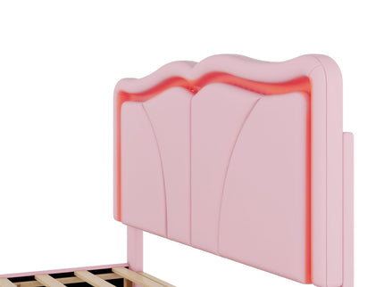 Upholstered Platform Bed & Curve Shaped And Height Adjustable Headboard, LED Light Strips