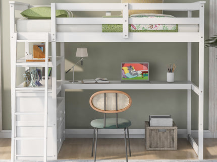 Modern Loft Bed With Built In Desk, Shelves, And 2 Drawers