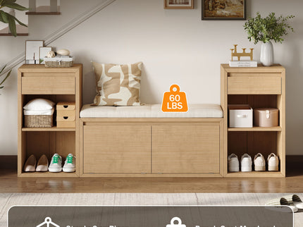 Entryway Storage Bench With Cushion, Drawers & Open Shelves
