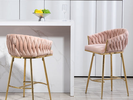 Counter Height Bar Stools Kitchen Island Counter Bar Stool With Hand - Wave Back, Golden Chromed Base And Footrest (Set of 2) - Pink