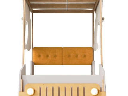 Twin Size Car Bed With Pillow, Ceiling Cloth And LED - Natural