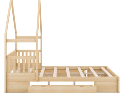 House Style Platform Bed With Guardrail And 2 Drawers