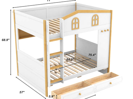 Bunk Bed With House Shaped Guardrails, Storage Shelves, And Trundle