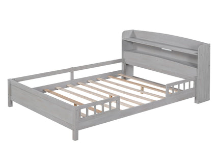 Wood Platform Bed With Built In LED Light, Storage Headboard And Guardrail