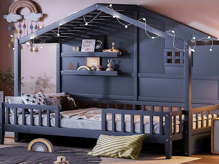 House Bed With Shelves, Window And Sparkling Light Strip On The Roof