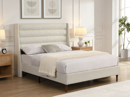 Modern Upholstered Platform Bed With Wave Shaped Headboard