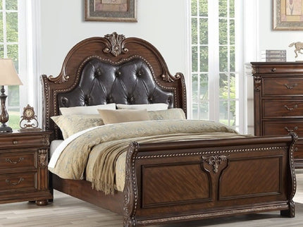 Bed & Carved Padded And Button Tufted Headboard