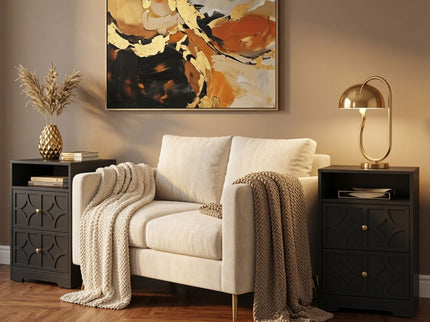 Nightstand With Diamond Carvings Handles, 2 Drawers & Charging Station