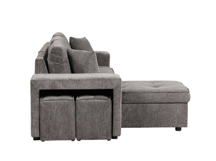 Modern L-Shape 3 Seat Reversible Sectional Couch, Pull Out Sleeper Sofa With Storage Chaise And 2 Stools For Living Room Furniture Set