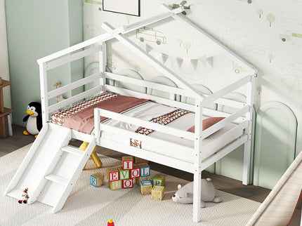 Low Loft House Bed With Slide, Ladder, Safety Guardrails, House Roof Frame