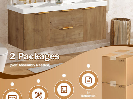 Double Sink Bathroom Vanity Soft Close Doors, Divided Drawers, Wall Mounted - Wood