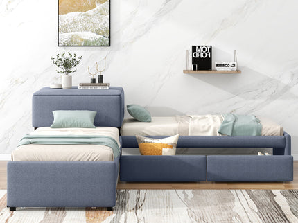 L Shaped Upholstered Platform Bed With Trundle And 2 Drawers Linked With Built In Desk