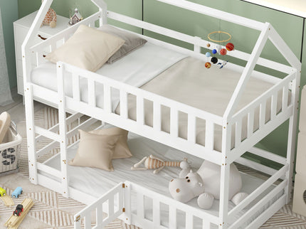 Twin Over Twin House Bunk Bed With Fence And Door