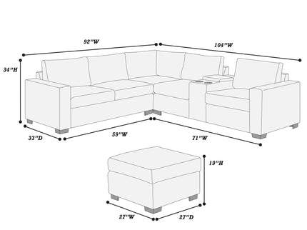 Contemporary L-Shaped Sectional Set With USB Console & Ottoman