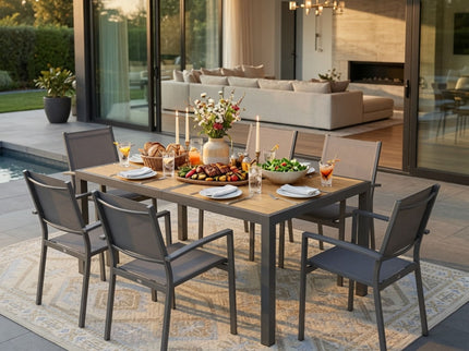 7 Piece Gray Patio Dining Set With Hdps Table And Textilene Chairs For Outdoor Use, Metal Furniture