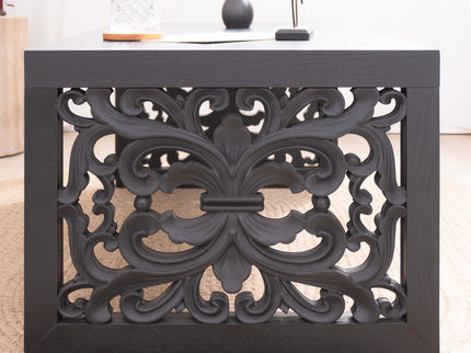 Rustic Carved Wood Coffee Table, Handcrafted Look With Ornate Side Panels
