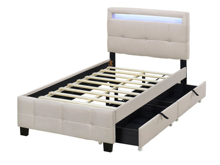 Upholstered Platform Bed With LED Frame, With Trundle And 2 Drawers