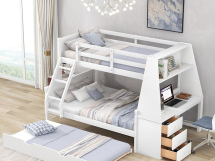 Bunk Bed With Trundle And Built In Desk, 3 Storage Drawers And Shelf