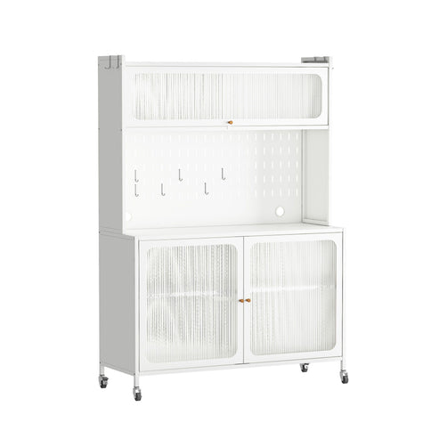 Contemporary Kitchen Pantry Cabinet With Glass Doors, Adjustable Shelves, Steel - Brushed Nickel